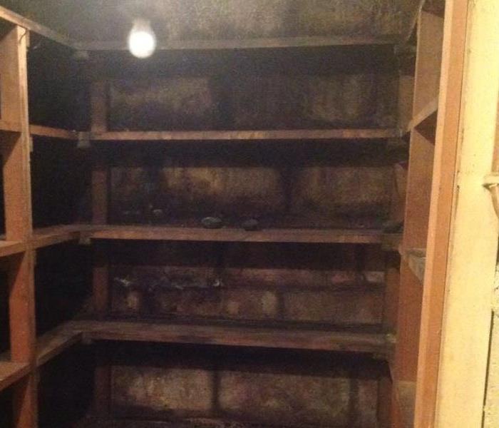 Darkened spots in emptied basement root cellar indicate mold formation.  